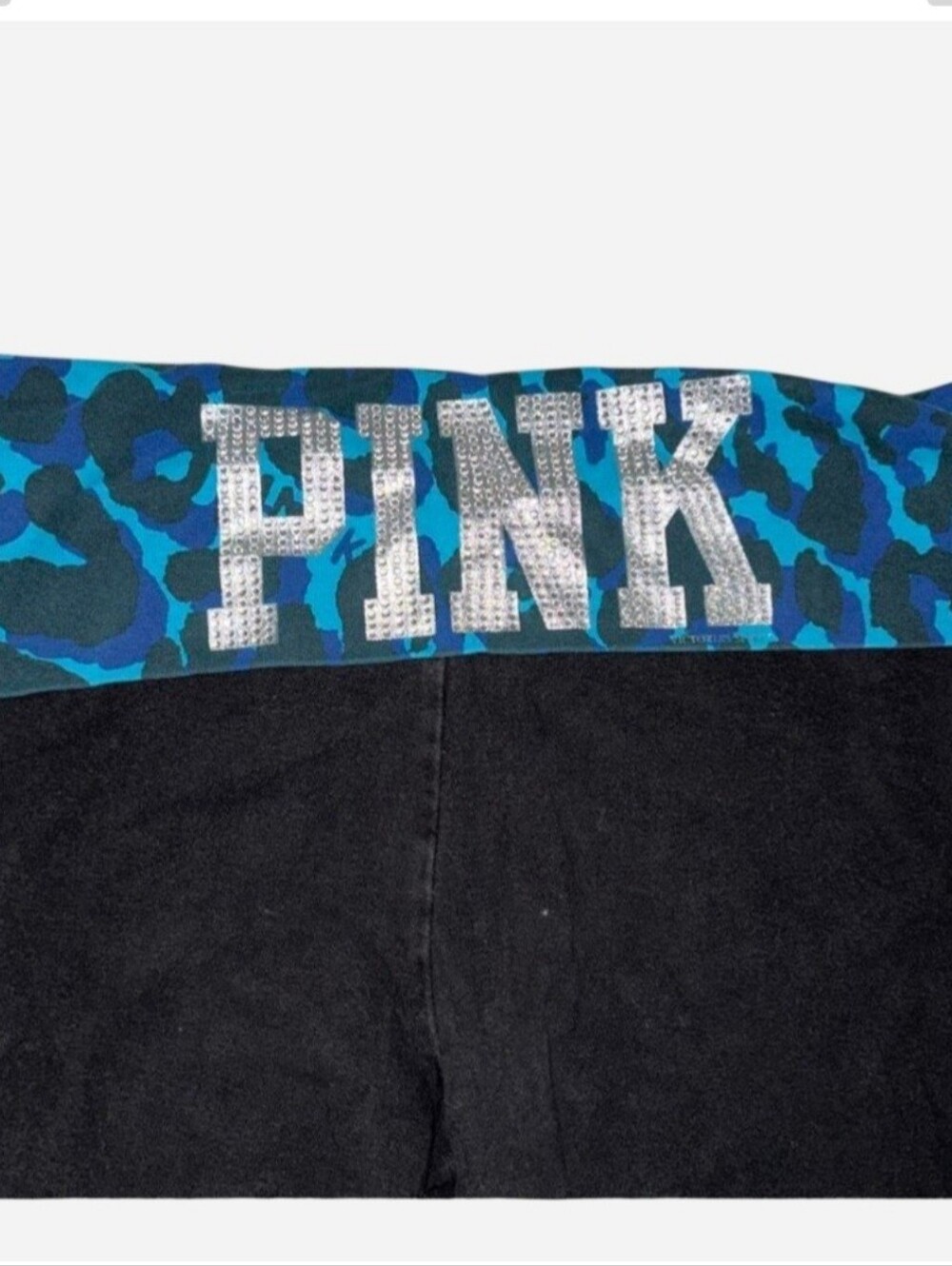 Rare PINK Victoria's Secret Black Leggings with Blue Cheetah Fold Over Waistband